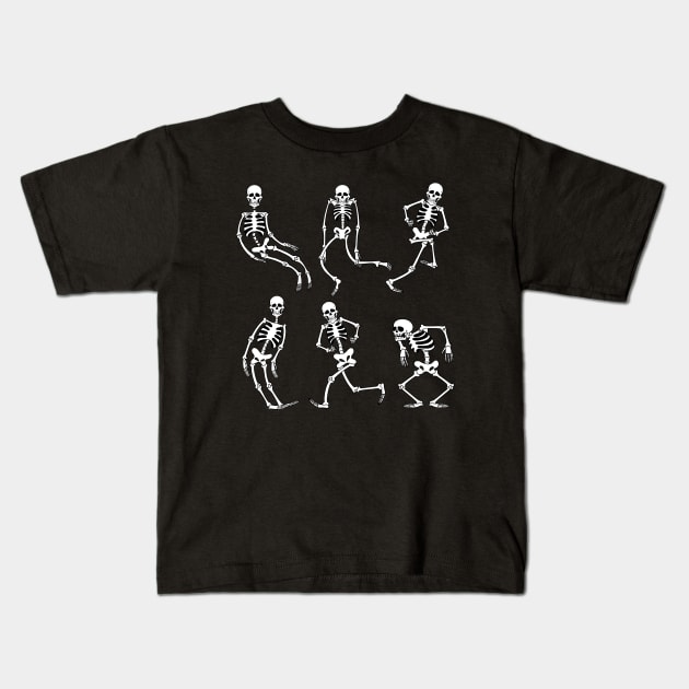 Retro Skeletons Cartoon Dancing at Halloween Party Kids T-Shirt by Juandamurai